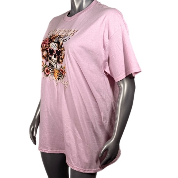 Light Pink Graphic Tee Cute Skeleton Lady Coffee Love Language - Picture 8 of 12